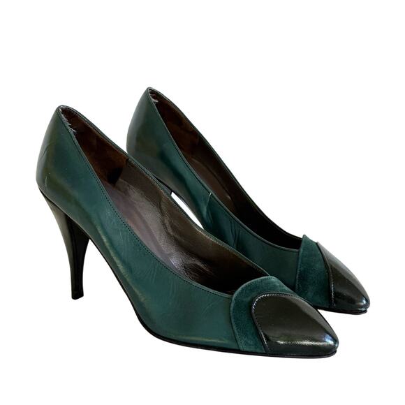 Charles Jourdan Vintage Heels 6 Green Leather Suede Pumps Dark Academia Prep - Picture 1 of 9